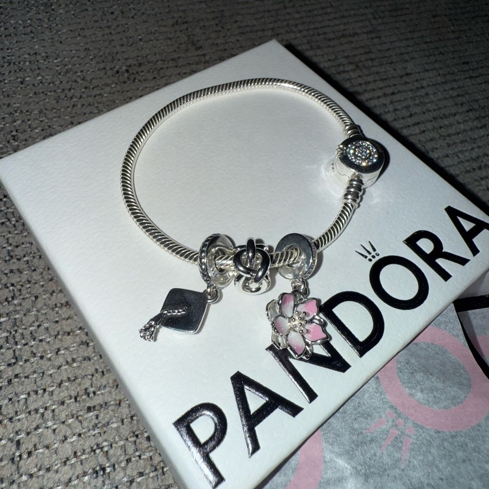 Pandora Silver Bracelet with Cherry Blossom Dangle Charm! - Picture 2 of 11